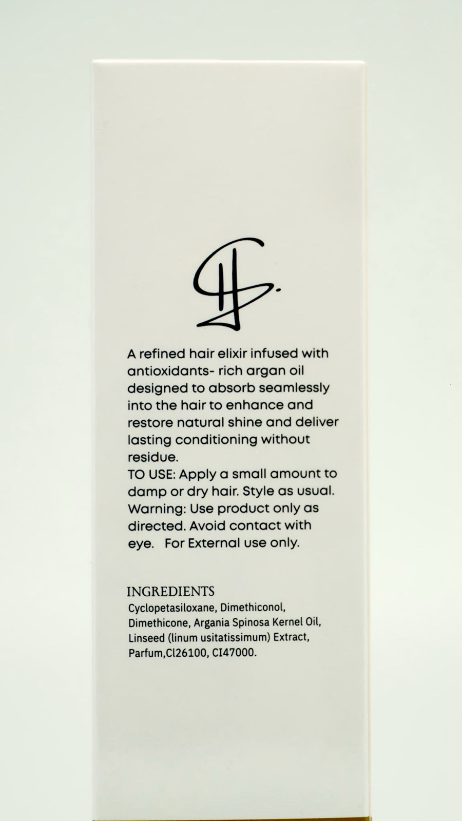 Hair Elixir packaging, close-up
